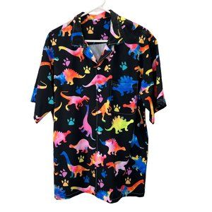 Dinosaur Print Hawaiian Shirt L Men Black Multi Color Short Sleeve Button Up